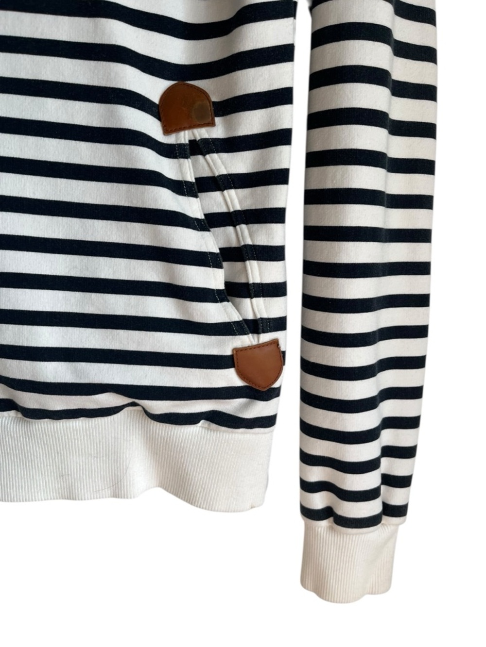 Wanakome Navy Ivory Stripe Cowl Neck Hoodie XS Terry Pullover - Picture 9 of 15